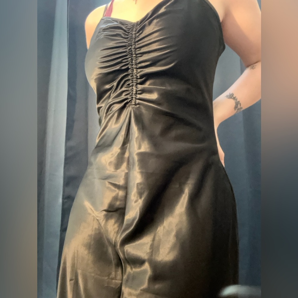 Black satin spaghetti strap Midi Dress - Picture 2 of 8